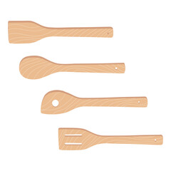 Set of wooden kitchen spatulas on white background