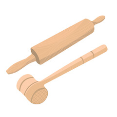 Wooden rolling pin and meat hammer on white background