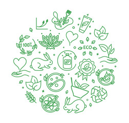 Eco icons composition. Caring for nature and environment, no animal testing. Motivational poster or banner for website. Natural and organic products, cosmetics. Cartoon flat vector illustration - obrazy, fototapety, plakaty