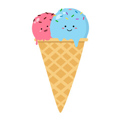 Cute ice cream in waffle cone on white background