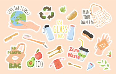 Zero waste stickers set. Save planet, dont use plastic. Recycling and reuse. Care of nature and environment. Eco friendly items. Cartoon flat vector illustrations isolated on beige background