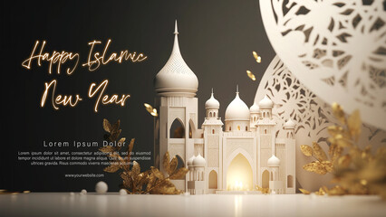 Happy Islamic New Year Poster Design. Happy Muharram Template. Ashura Day. AI Generative Image