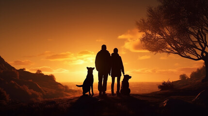 Fototapeta na wymiar Joyful family embraces with their dog, silhouetted against the sunset Generative AI