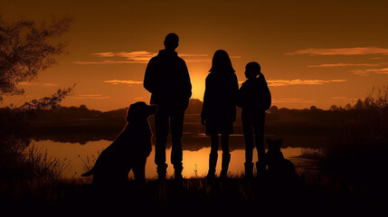 Fototapeta na wymiar Overjoyed family and their furry friend capture the moment in silhouette Generative AI