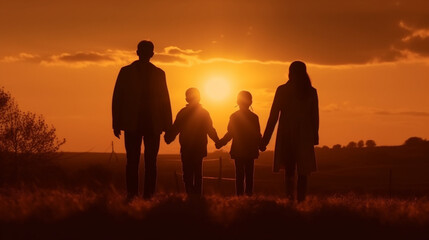 Fototapeta na wymiar Family holds hands and basks in the golden light of sunset Generative AI