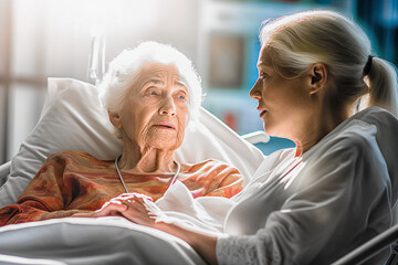Old Mom and her daughter on bed in a clinic, AI generated - obrazy, fototapety, plakaty