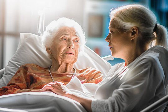 Old Mom and her daughter on bed in a clinic, AI generated