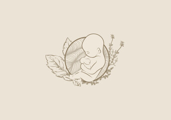 Logo Line Baby Fetus and Botanical. Aesthetic and feminine, simple line and luxury modern. editable color.