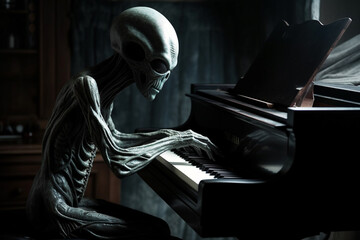 Ugly and scary looking extraterrestrial alien playing a piano. Ai generated
