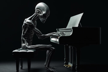 Fototapeta premium Ugly and scary looking extraterrestrial alien playing a piano. Ai generated