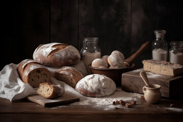 Bread with lour product photography arrangement. Ai generated.