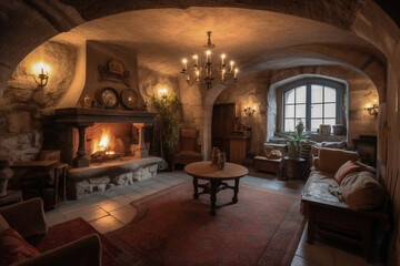Cozy fireplace in a room in a medieval gothic castle. Ai generated