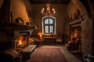 Fototapeta na wymiar Cozy fireplace in a room in a medieval gothic castle. Ai generated