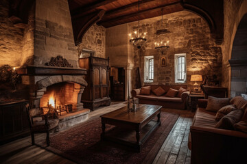 Fototapeta na wymiar Cozy fireplace in a room in a medieval gothic castle. Ai generated