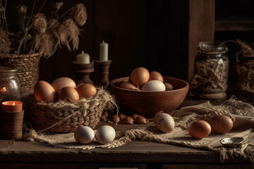 Fototapeta na wymiar Raw eggs product photography arrangement with natural light. Ai generated