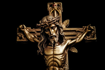 Golden cross of Jesus Christ crucified. Religion and Christianity concept. Ai generated