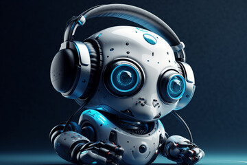 Small futuristic Ai robot listening to music headphones. Ai generated