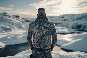 Fototapeta na wymiar Icelandic man with his back covered in tattoos outside in frozen winter. Ai generated