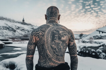 Naklejka premium Icelandic man with his back covered in tattoos outside in frozen winter. Ai generated