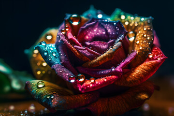 Rainbow rose with dew drops. Neural network AI generated art Generative AI