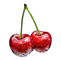 Two red sweet cherries with water drops isolated on a white background.