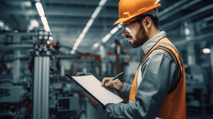 Hispanic engineer male writing checklist with serious looking, standing inside the smart factory with robotic arm and blur background. Generative AI AIG20.