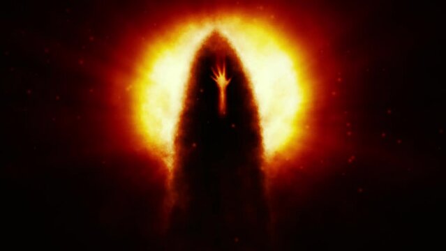 Evil hooded whitch pulled out hand in front of her. Scary monk stands against luminous circle. Horror fantasy 2D animation. Dark spirit terror. Spooky character from nightmares. Creepy video clip.
