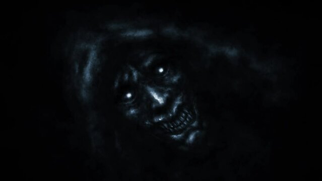 Scary demon face 2D animation. Evil maniac in hood eerie smiles. Dark movie in horror fantasy genre. Creepy short film for spooky Halloween. Animated video clip. Blue and black abstract background. 