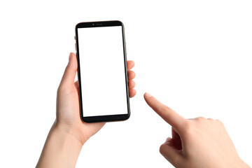 Woman holding smartphone with blank screen on white background, closeup. Mockup for design