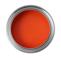 Can of orange paint isolated on white, top view