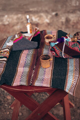 Naklejka premium Tools and accessories of an Andean settler, making a payment to the land, Peruvian traditions, Cusco