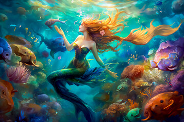 mermaid with fishes and coral © Max Braga
