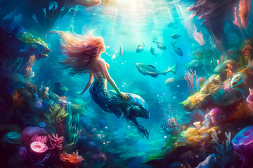 mermaid with coral reef in the sea © Max Braga