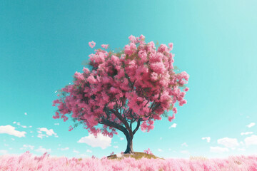 Blooming tree on bright blue sky background, ai-generated artwork