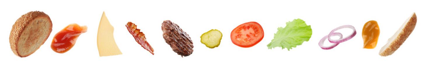 Collage with flying ingredients for burger on white background