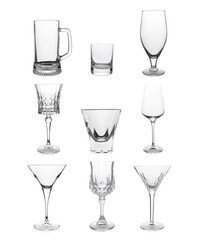Collage with different empty glasses on white background