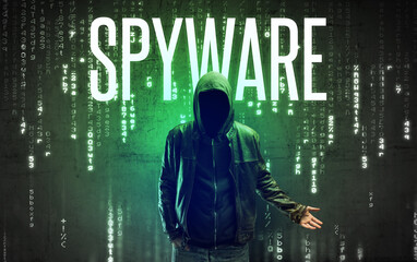 Faceless hacker with inscription concept