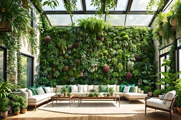 Fototapeta na wymiar Interior with many lush green plants, generative ai illustration