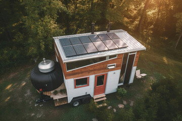 A tiny house with solar panels on the roof. Generative AI. - obrazy, fototapety, plakaty
