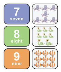 Cute colourful numbers flashcard for kids learning to count. Front and back cards with animals for happy learning kids and education in the nursery. Vector file.