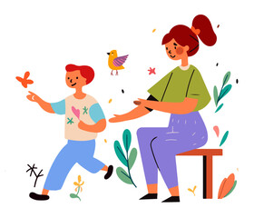 Motherhood concept set. Mom and kid playing, sitting together, hugging and or raising. Great for Mother’s Day, birthdays, Easter, child childbirth, and newborn celebration. Multiple races. Cartoon