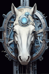 A horse"s head is shown in front of a machine. Generative AI.