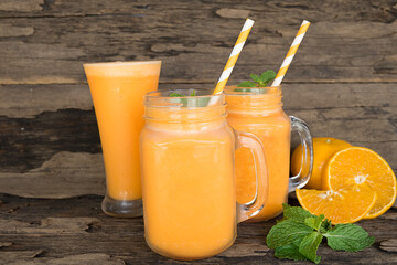 Orange juice fruit smoothies yogurt drink yellow healthy delicious taste in a glass slush for...
