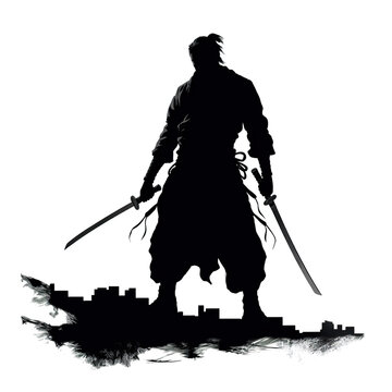 A silhouette of a samurai or ronin warrior holding two swords. Generative AI.