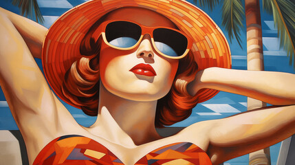 Vintage Poster Style of a  Brown-Haired Woman Sunbathing with Vibrant Neon Colors, 1960s,  4k