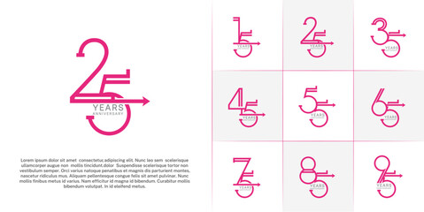 set of anniversary logotype pink and grey color with arrow for special celebration event