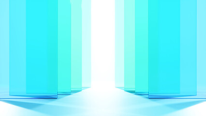 青緑色の複数のガラスが並んだ背景。後ろから差し込む光。（横長）