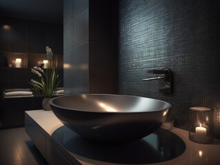 Dark vessel sink in modern bathroom, generative ai