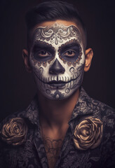 Portrait of Fictional person, Mexican Day of the Dead make-up, El Dia de Muertos, created with Generative AI