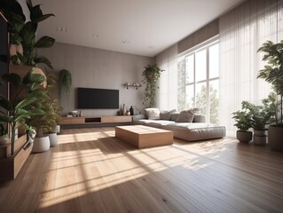 Fototapeta premium Spacious moderl living room interior, generative ai image